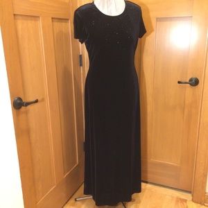 J.R.Nites Beaded Full Length Knit Blk Velvet Dress